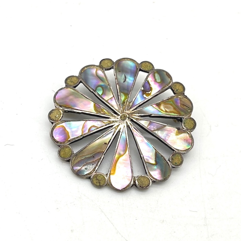 Vintage Taxco Sterling Silver Abalone Inlay Sunburst Brooch Pendant Mexico READ
